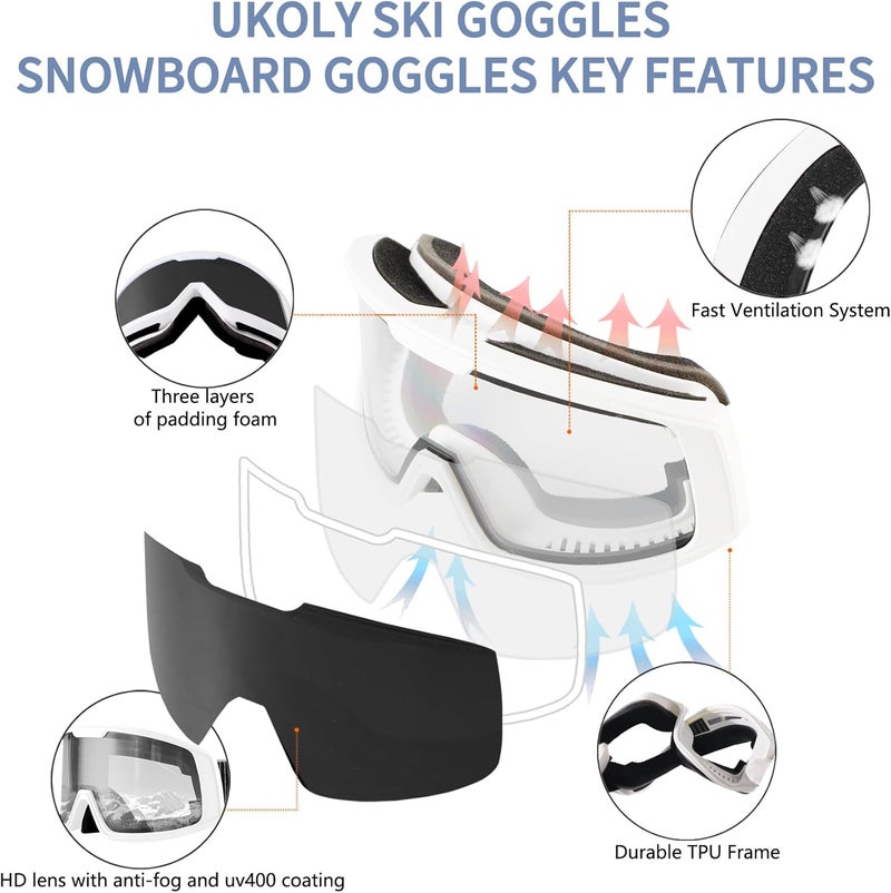 Ukoly Ski/Snowboard Goggles for Men Women, Snow Goggles HD Lens Anti-Fog Coating OTG Design UV400 Protection Windproof - Image 4